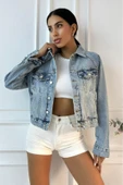 Kadın Yıpratmalı Vintage Mavi Denim Ceket - 6
