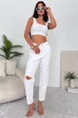 Kadın Yüksek Bel Yırtık Detaylı Mom Fit Jean Pantolon - 4