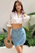 Kadın Dikişsiz Denim Mini Etek - 2