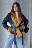 Kemerli Denim Kürk Ceket - 5