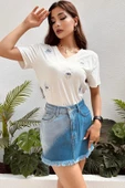 Kadın Etek Ucu Püsküllü Çift Renk Denim Mini Etek - 4