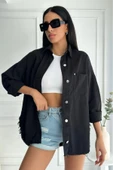 Kadın Oversize Etek Ucu Püsküllü Denim Siyah Gömlek - 5
