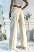 Kadın Yüksek Bel Wide Leg Bej Kargo Jean Pantolon - 2