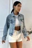 Kadın Yıpratmalı Vintage Mavi Denim Ceket - 5