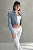 Cepli Düğmeli Uzun Kollu Crop Denim Ceket - 1