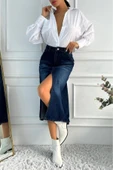 Kadın Midi Boy Yırtmaçlı Denim Lacivert Etek - 6
