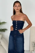 Kadın Likralı Yırtmaç Detaylı Straplez Denim Elbise - 2