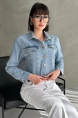 Cepli Düğmeli Uzun Kollu Crop Denim Ceket - 2