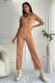 Kadın Çıt Çıt Düğmeli Uzun Kollu Denim Kiremit Tulum - 1