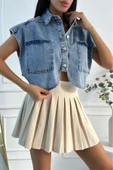 Kadın Crop Oversize Mavi Denim Yelek - 1