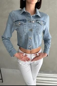 Cepli Düğmeli Uzun Kollu Crop Denim Ceket - 3