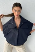 Kadın Oversize Bel Ayarlamalı Çıtçıt Düğmeli Paraşüt Lacivert Yelek - 11