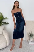 Kadın Likralı Yırtmaç Detaylı Straplez Denim Elbise - 4