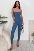 Kadın Likralı Straplez Denim Tulum - 3