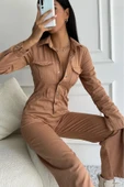 Kadın Çıt Çıt Düğmeli Uzun Kollu Denim Kiremit Tulum - 8