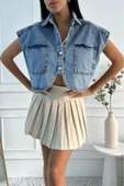Kadın Crop Oversize Mavi Denim Yelek - 10