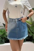 Kadın Etek Ucu Püsküllü Çift Renk Denim Mini Etek - 3