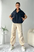 Kadın Oversize Bel Ayarlamalı Çıtçıt Düğmeli Paraşüt Lacivert Yelek - 4