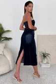 Kadın Likralı Yırtmaç Detaylı Straplez Denim Elbise - 5
