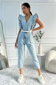 Kadın Fırfır Detaylı Kolsuz Mom Kalıp Denim Tulum - 8