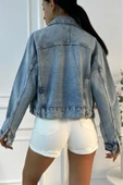 Kadın Yıpratmalı Vintage Mavi Denim Ceket - 12