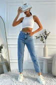 Kadın Yüksek Bel Mom Fit Mavi Jean Pantolon - 11