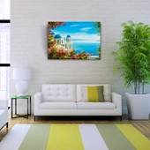 Çiçekli Terasta Mikanos ve Deniz Manzarası Yağlıboya Kanvas Tablo 50 x 70 - 2