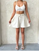 Volanlı keten şort bej s255058 - 1