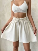 Volanlı keten şort bej s255058 - 3