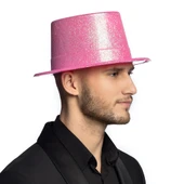 Floresan Pembe Renk Simli Uzun Fötr Melon Şapka 12 cm - 2