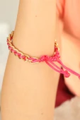 Gold Zincirli Pembe İpli Bayan Bileklik - TJ-BB2561-KS - 2