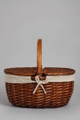 YUNUSOĞLU HOME Krem Kumaş Detaylı Hasır Piknik Sepeti 40x30x19 cm Kapaklı Termoform Sepet - 1