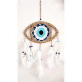 Göz Model Nazar Boncuğu Motifli Kuş Tüylü El Yapımı Düş Kapanı Duvar Dekoru - 3