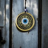 Lale desenli Altın Rengi Nazar Boncuklu Füzyon Cam Duvar Dekoru - 2