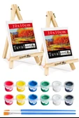 Mini Şövale 10x10 cm Tuval 3 ml Akrilik Boya 6 Renk ve Fırça 2 Adet 10x10 Mini Tuval Masaüstü Küçük Şövale Boyama Seti - 1