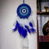 Nazar Boncuğu Desenli Bol Kuş Tüylü Lacivert Dream Catcher El Yapımı Duvar Dekoru - 3