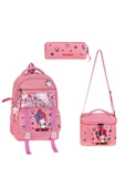 İlkokul Çantası 3'lü Set Pembe Renk 42*30 Cm Beslenme Çantası Kalem Kutusu Ortopedik Su İtici Kumaş - 1