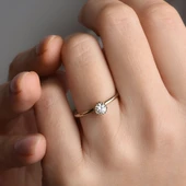 14 Ayar Altın Kaplama Yuvarlak Kesim Tektaş Gümüş Yüzük - RS00102 - 2