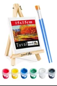 Mini Şövale 15x15 cm Tuval 3 ml Akrilik Boya 6 Renk ve Fırça 2 Adet 15x15 Mini Tuval Masaüstü Küçük Şövale Boyama Seti - 1