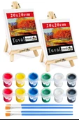 Mini Şövale 20x20 cm Tuval 3 ml Akrilik Boya 6 Renk ve Fırça 2 Adet 20x20 Mini Tuval Masaüstü Küçük Şövale Boyama Seti - 1