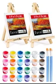 Mini Şövale 15x15 cm Tuval 3 ml Akrilik Boya 12 Renk ve Fırça 2 Adet 15x15 Mini Tuval Masaüstü Küçük Şövale Boyama Seti - 1