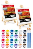Mini Şövale 20x20 cm Tuval 3 ml Akrilik Boya 12 Renk ve Fırça 2 Adet 20x20 Mini Tuval Masaüstü Küçük Şövale Boyama Seti - 1