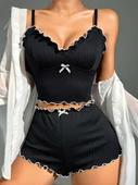 Kadın Siyah Fitilli Askılı Şortlu Pijama Takım 6659 - 7