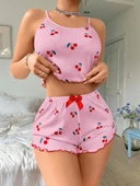 Kadın Pembe Kiraz Desenli Askılı Şortlu Pijama Takım 6656 - 2