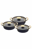 6 Parça, Bio Granit, Sağlıklı, Bakraç Model Sahan Seti Siyah Gövde, Gold Detay - 2