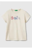 Kız Çocuk Krem Simli Logo Baskılı T-Shirt - 1
