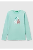 Kız Çocuk Su Yeşili Simli Benetton Logo Baskılı T-Shirt - 4