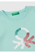 Kız Çocuk Su Yeşili Simli Benetton Logo Baskılı T-Shirt - 3