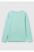 Kız Çocuk Su Yeşili Simli Benetton Logo Baskılı T-Shirt - 5