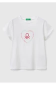 Kız Çocuk Beyaz Simli Benetton Logo Baskılı T-Shirt - 1